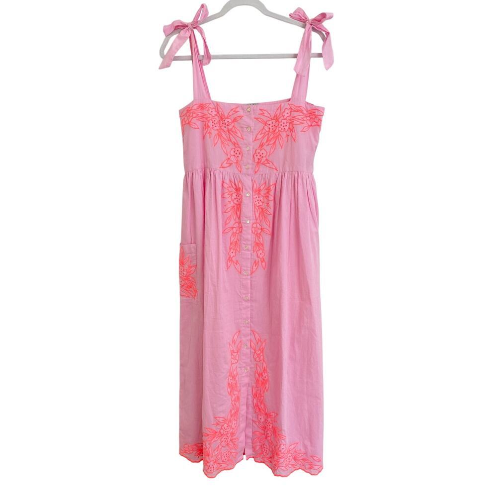 Juliet Dunn Tuckernuck Tie Shoulder Midi Pink Floral Embroidered Cotton Dress